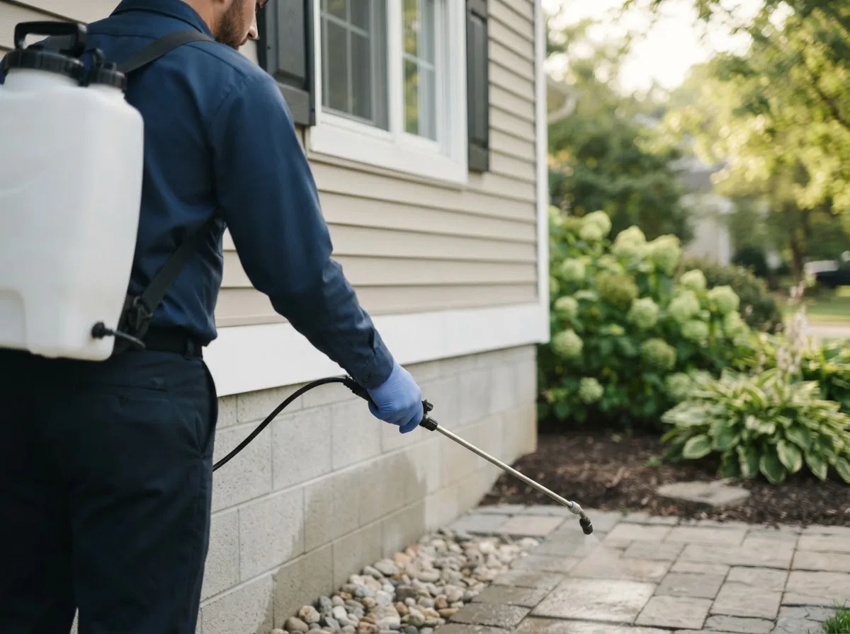 Pest control technician inspecting a home in Mcclelland, IA